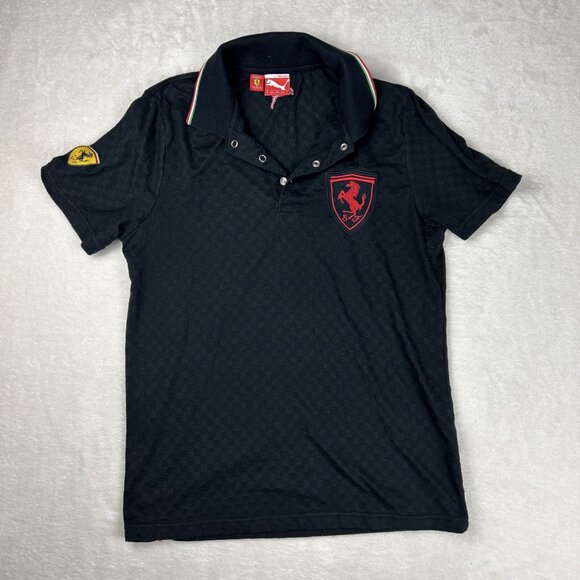 Puma X Ferrari T Shirt Men’s Size Small Logo Black Checkered Collared Red - Picture 1 of 9